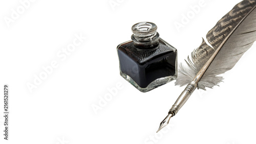 Quadro su tela Classic black inkwell bottle with calligraphy feather quill pen isolated on a wh