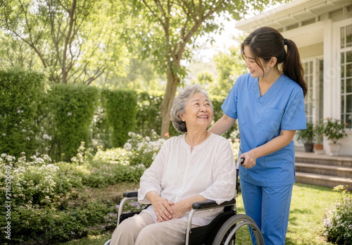 Nurse talking with senior woman in wheelchair outdoors in garden at care facility