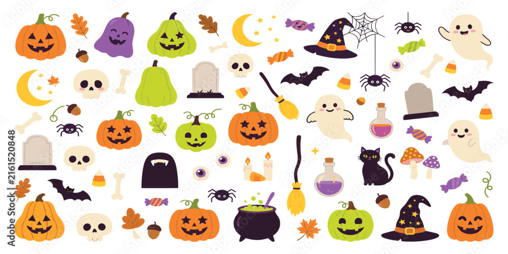 Fototapeta premium Cute Halloween Kawaii Icon Set with Colorful Pumpkins, Ghosts, Tombstones, Witch Hats, and Spooky Elements for Autumn Holiday Scrapbooking and Sticker Graphic Designs