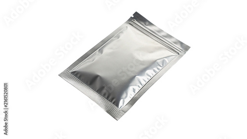 Quadro su tela Blank silver metallic foil pouch sachet packaging mockup template isolated on a