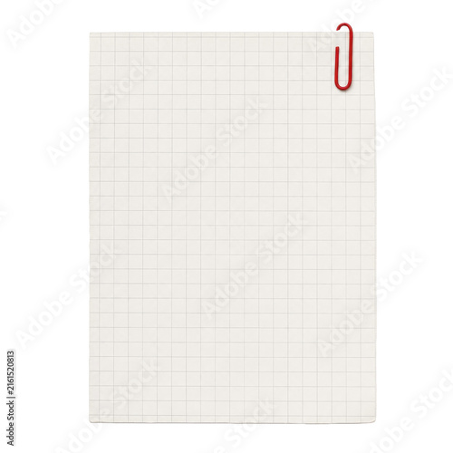 Foto Single blank white grid paper sheet with a red paper clip attached to the top ri