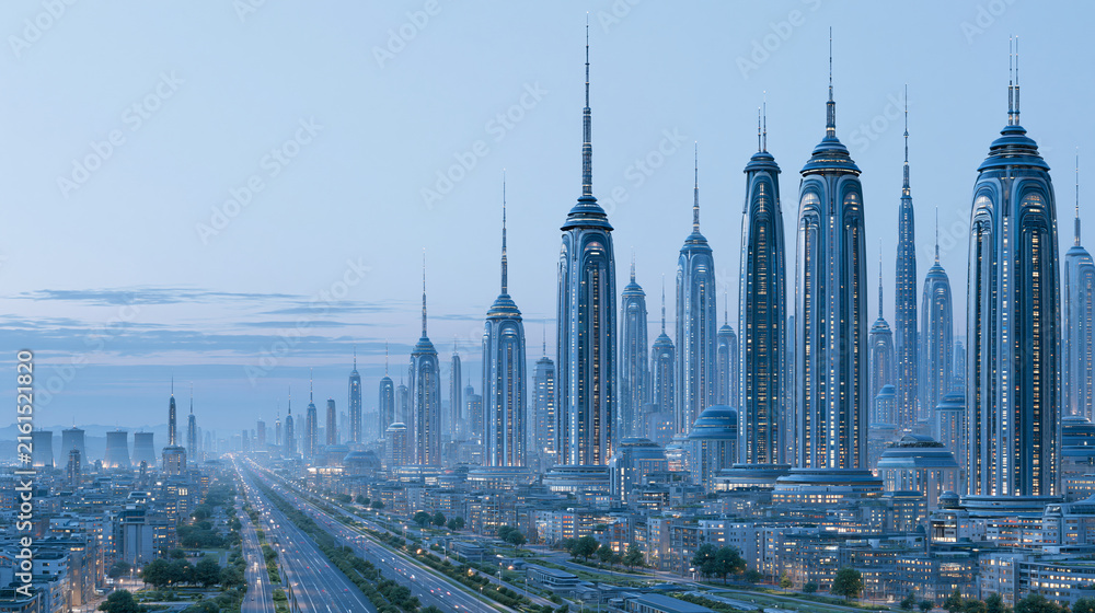 Obraz premium Stunning sci-fi city landscape with towering needle skyscrapers and glowing sunset sky over wide roads.