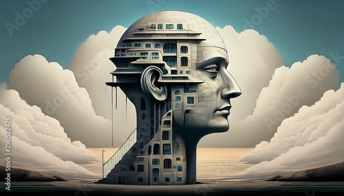 head with brutalist architecture artistic surrealism