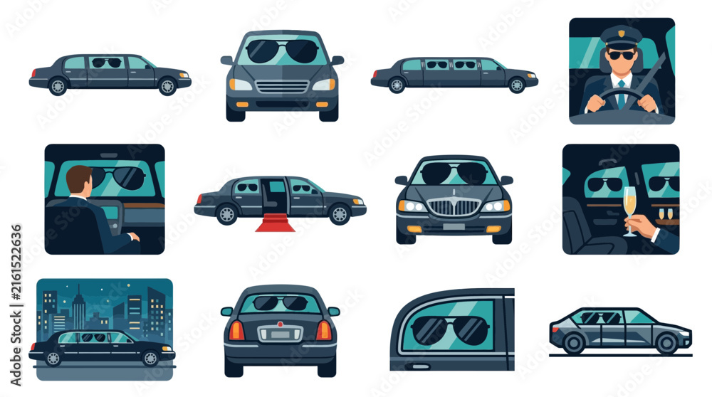 Obraz premium Set of luxury limousine car illustrations in various angles and situations.