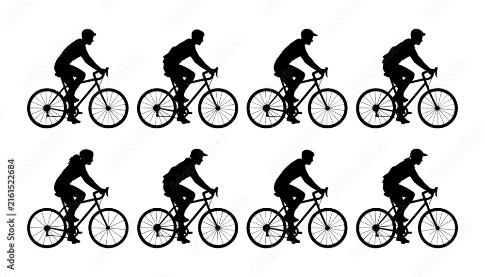 Fototapeta premium Cyclist riding road bicycle black silhouette vector collection set showing different athlete poses for racing sport design