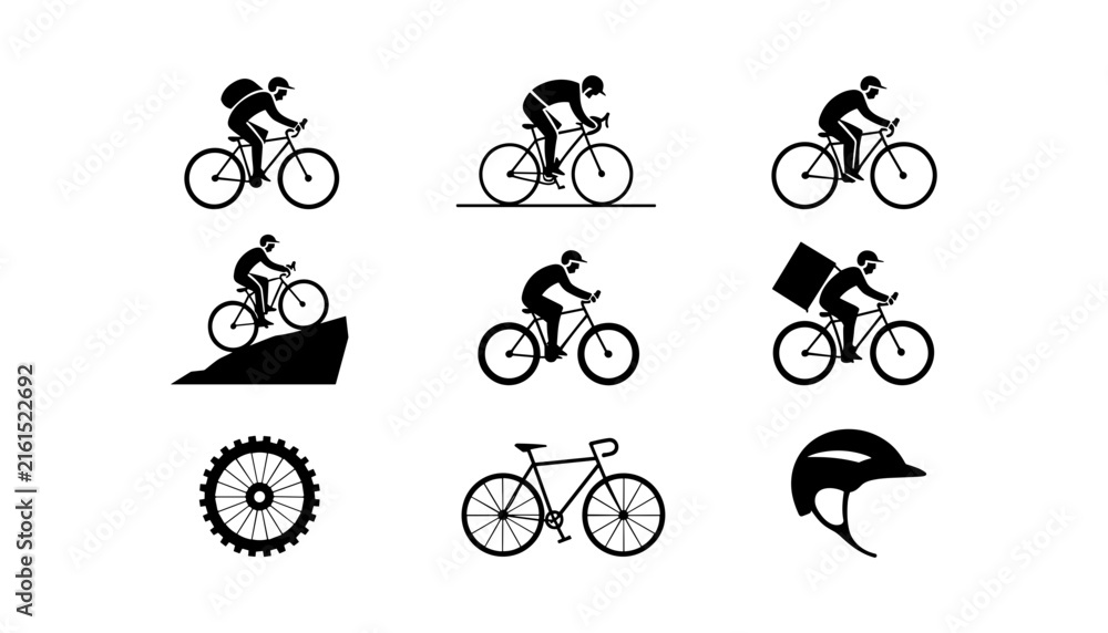 Fototapeta premium Cyclist silhouettes and bicycle accessories vector icon set including road mountain racing delivery and helmet graphics