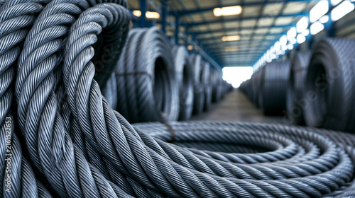 Large steel cable coils stored in a warehouse rows with shallow depth of field. Industrial manufacturing and heavy construction materials supply chain concept.