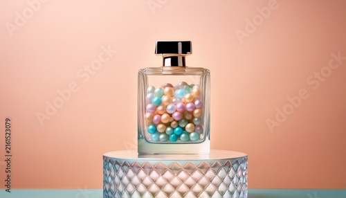 surreal studio shot of a transparent glass perfume bottle filled with colorful pastel candy beads standing on a crystal base against a soft peach background