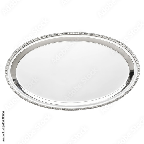 Elegant silver-plated oval serving tray with a decorative beaded rim, photographed from a high angle on a clean white background