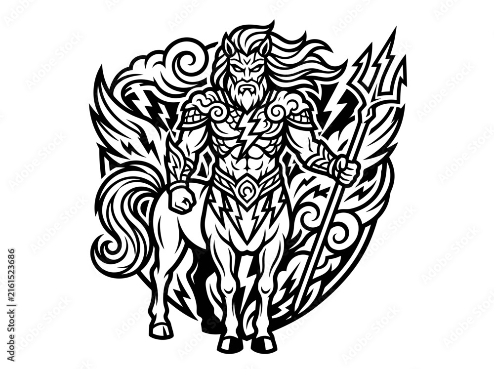 Fototapeta premium Mythological Centaur Warrior with Trident, Lightning and Waves