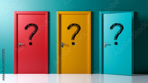 Three colorful doors with question marks represent choices and opportunities. Conceptual image for decision making or life path challenges.
