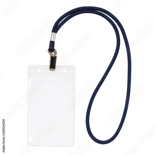 Fotografie Empty clear plastic ID card holder with a dark blue lanyard and metal clip on a