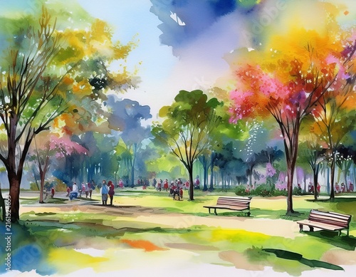 watercolor painting of the park