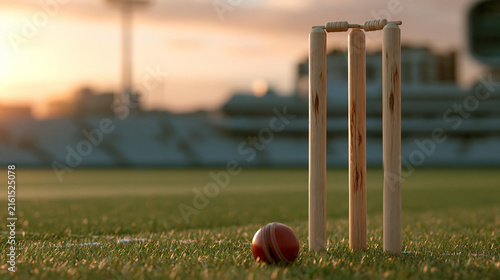 Three wooden cricket wickets and leather ball on lush green stadium field at dusk.
