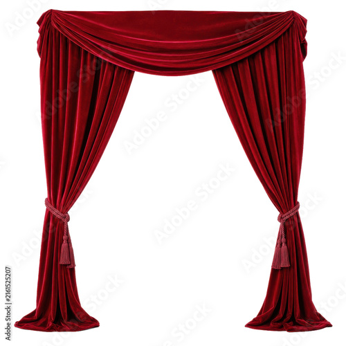 Fotografie Elegant red velvet stage curtains with decorative tassels are tied back, creatin