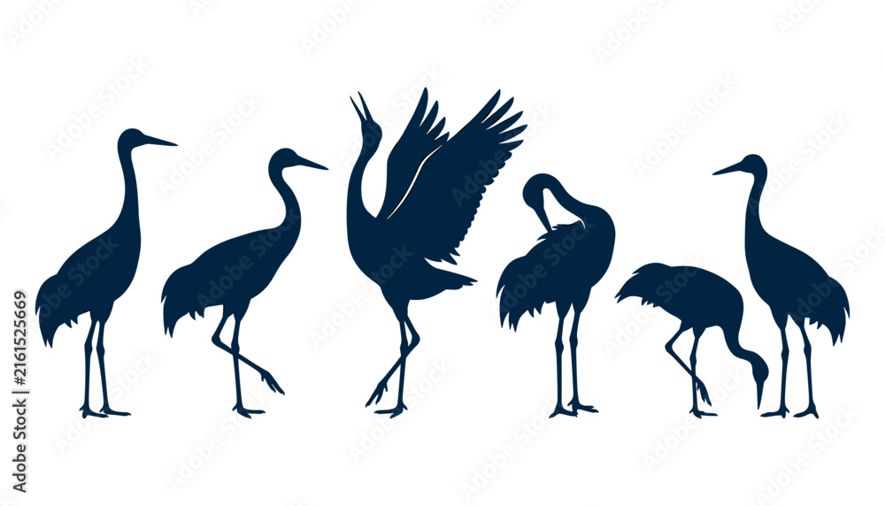 Fototapeta premium Flock of Japanese Crane Birds Dark Blue Silhouette Vector Illustration Set Featuring Herons Storks and Egrets in Various Standing and Flying Poses