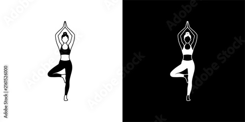 Woman practicing tree pose yoga exercise silhouette set isolated on white and black backgrounds for fitness and wellness concepts