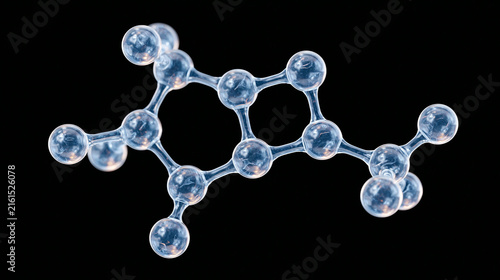 Transparent chemical molecular structure model with glowing glass spheres isolated on black background.
