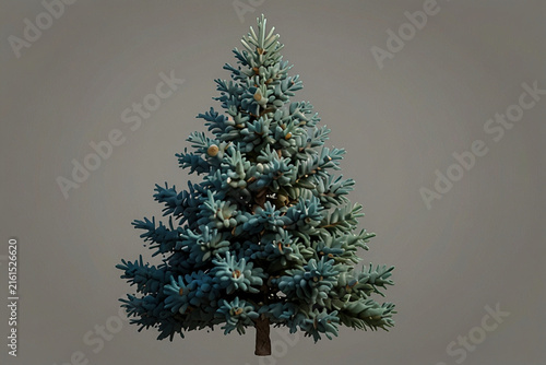A single blue spruce tree standing tall on light gray background, ready for holiday season or winter landscape decoration.