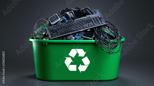 A green bin filled with old electronic waste and computer parts ready for disposal. This represents environmental recycling efforts and responsible e-waste management.