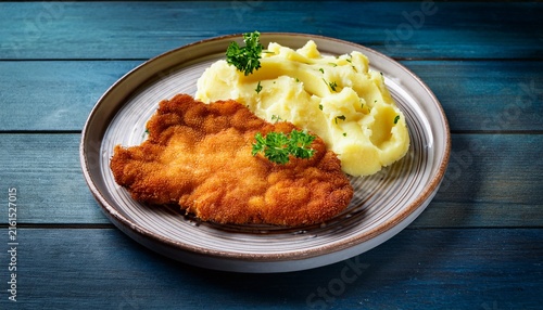 wiener schnitzel on a plate with mashed potatoes