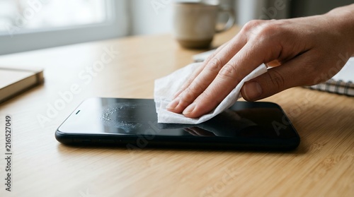 Hand cleaning smartphone screen with antibacterial wipe for hygiene and virus prevention