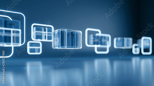 transparent wireframe boxes with goods inside in digital network for logistics and delivery concept.