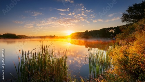 serene sunrise over tranquil lake with reeds