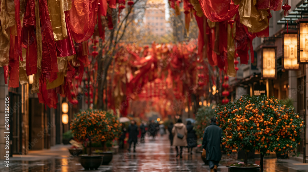 Fototapeta premium Festival Shopping Street Decorated In Red And Gold