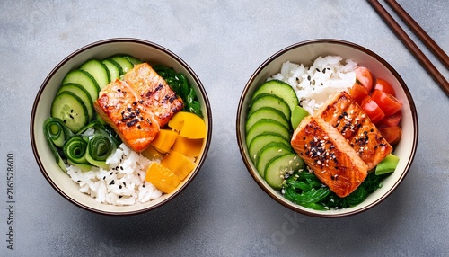 two healthy grilled salmon poke bowls with fresh vegetables and rice