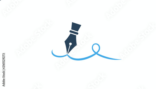Classic calligraphy fountain pen nib writes a smooth blue wavy line symbolizing writing, poetry, and signature.