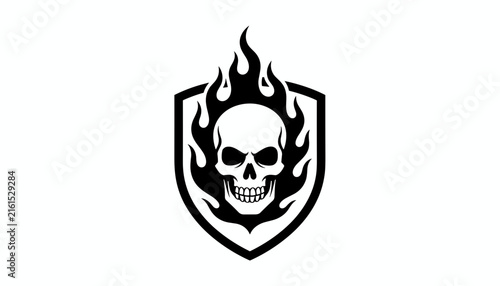 Menacing human skull engulfed in wild black flames is centered on a shield outline on a solid white background.
