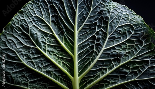 close up macro of black cabbage leaf with intricate veins and texture