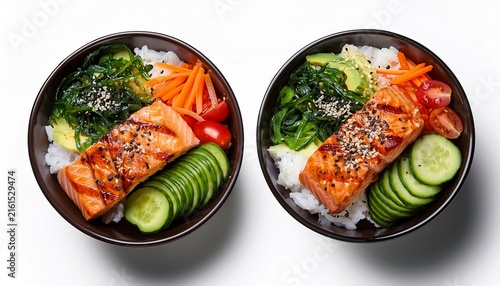 two healthy grilled salmon poke bowls with fresh vegetables and rice isolated on white