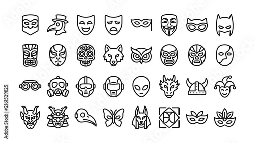 Collection of stylized mask and face icons with transparent backgrounds