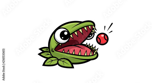 Venus flytrap character chasing a red ball.