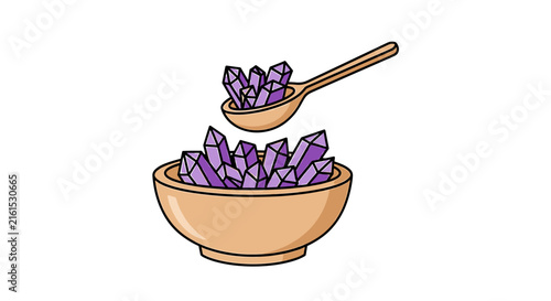 Wooden spoon scooping purple crystals from a ceramic bowl.