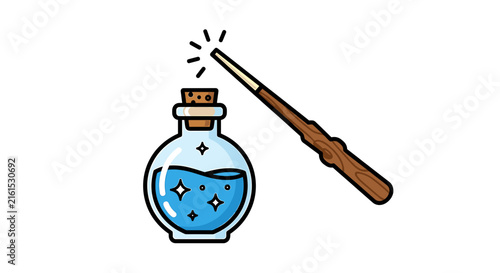 Wooden magic wand casting spells over a potion bottle.