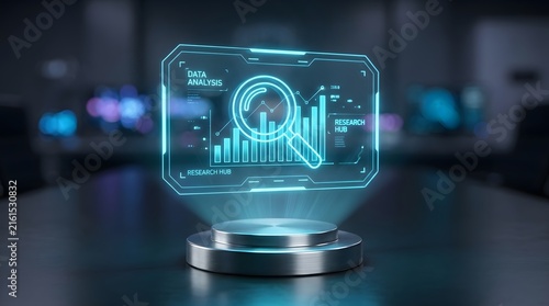 A futuristic glowing holographic image showing complex financial data analytics on a digital screen interface inside a dark professional office boardroom setting
