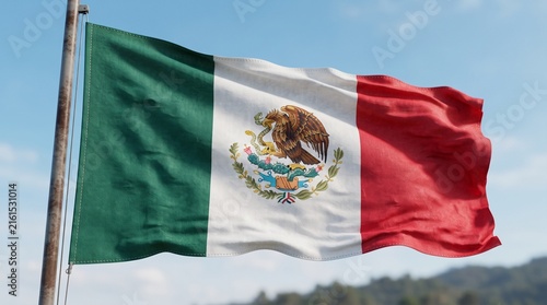 Mexican Flag Waving In The Wind Against A Clear Blue Sky