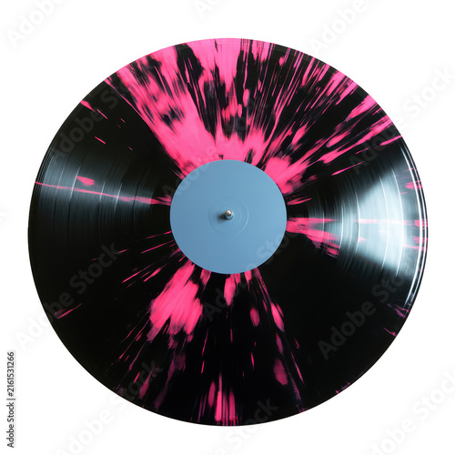 Hot pink splatter vinyl record on black background for music and retro design projects
