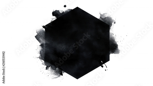 Black watercolor hexagon frame with grunge ink texture on transparent background for creative graphic design