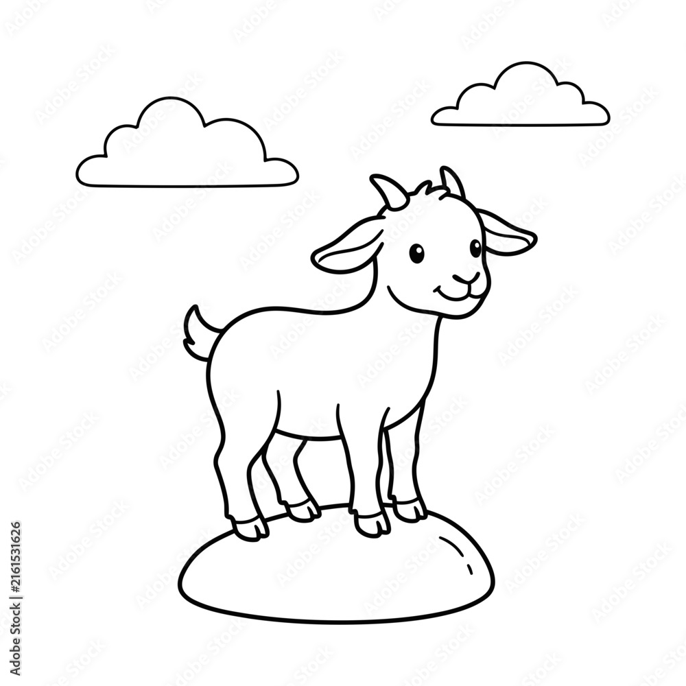 Fototapeta premium A delightful coloring page featuring a cute goat standing on a hill with fluffy clouds above