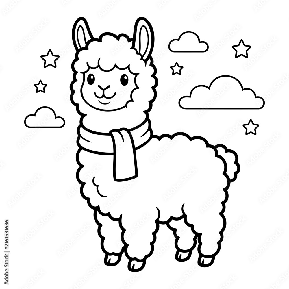 Naklejka premium A delightful coloring page featuring a charming alpaca surrounded by fluffy clouds and twinkling stars