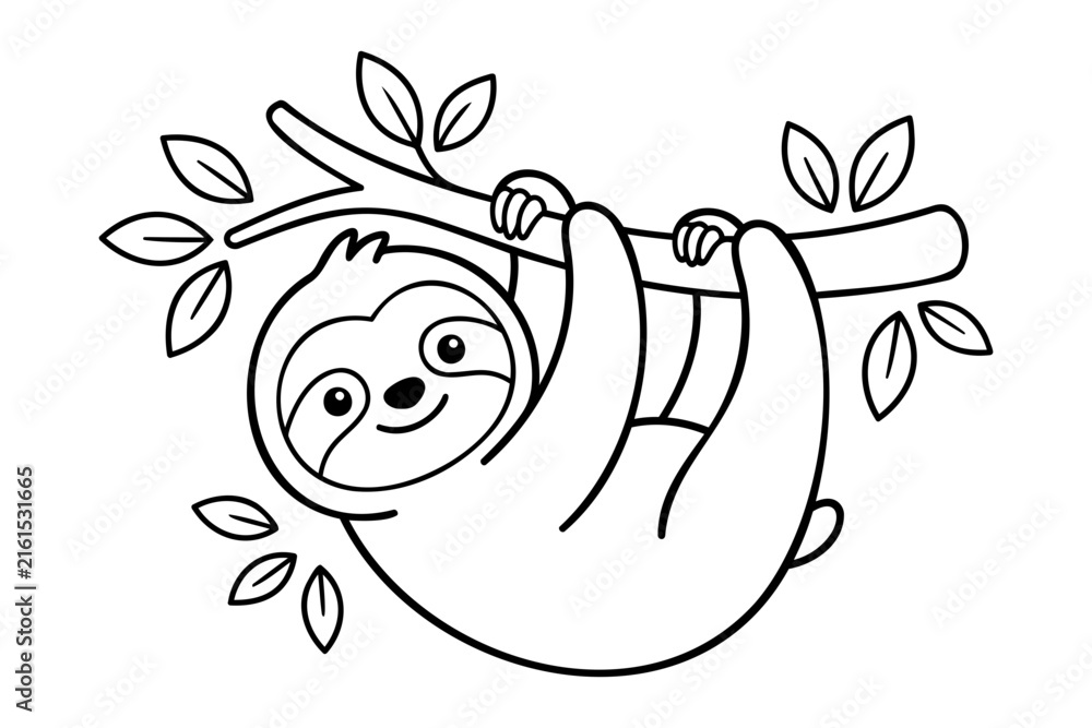 Naklejka premium A delightful coloring page featuring a cute sloth hanging from a tree branch with lush leaves