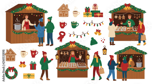 Christmas Market Stall Illustration Set with Festive Vendors, Holiday Decorations, Wreaths, Gifts, Ornaments, Food Stalls, and Seasonal Shopping Elements