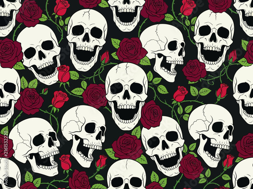 Gothic Seamless Pattern with Laughing Skulls and Red Roses on Black