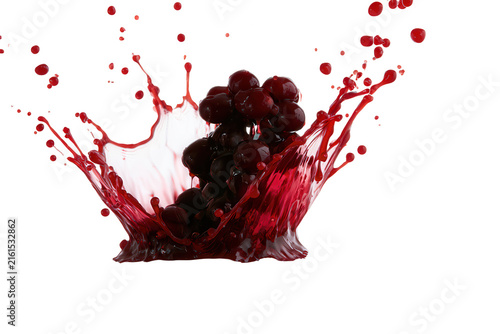 Fresh dark cherries falling into red juice creating a dynamic liquid splash on white background