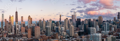 Chicago skyline panorama beneath pastel evening clouds