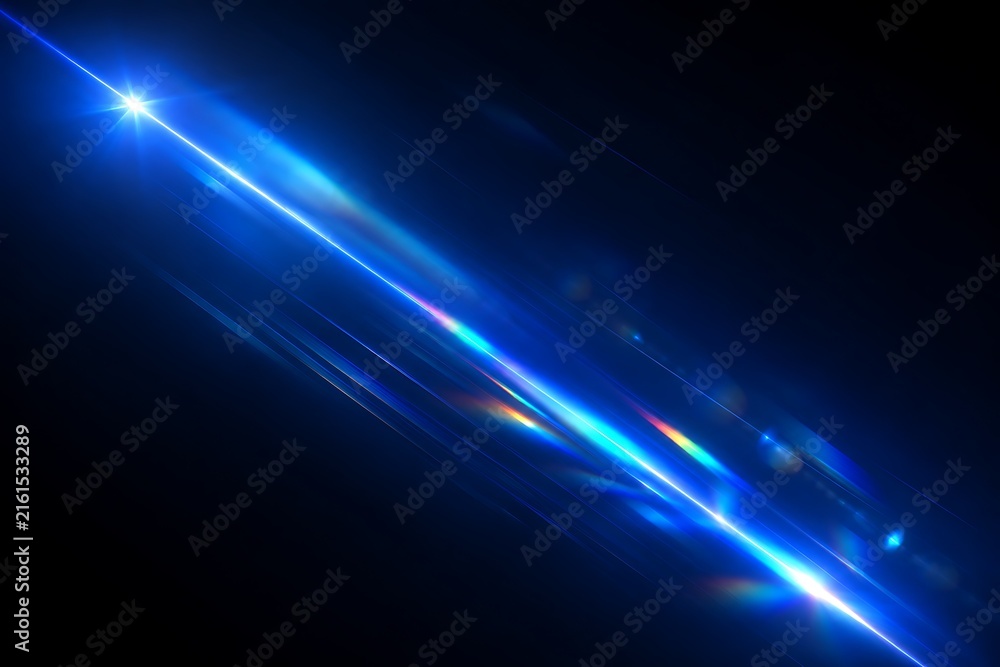 Fototapeta premium Abstract blue light streak with lens flare effect isolated on a deep black background for digital design